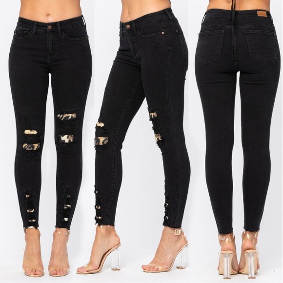 Judy Blue Black Destroyed Leopard Patch Jeans - Picture 2 of 9